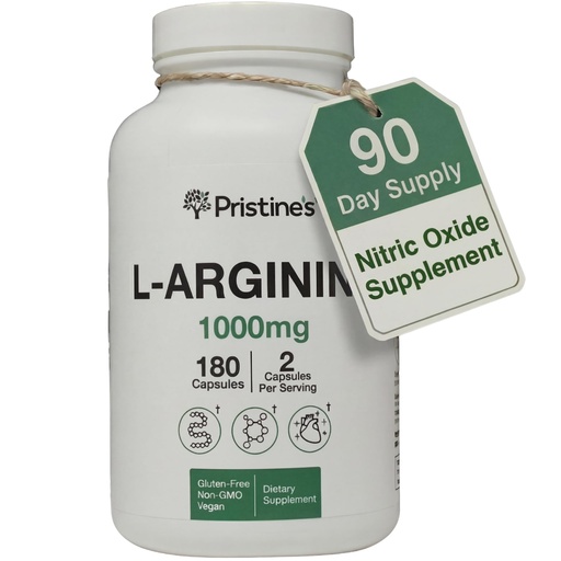 [BRSROFD2BAMWCD36] PRISTINE'S L Arginine 1000mg Capsule Supplements for Men & Women - 90 Day Supply Nitric Oxide & Pre Workout Amino Acid Support - Glass Bottle