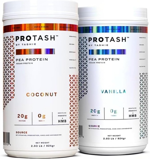 [BRSRAAAZCVYAGCTU] Pack of 2 | Vegan Protein Powder by TASHIE, 20g Pea Protein for Men and Women, Non GMO, Zero Sugar, Contains Probiotic & HMB (Vanilla & Coconut)