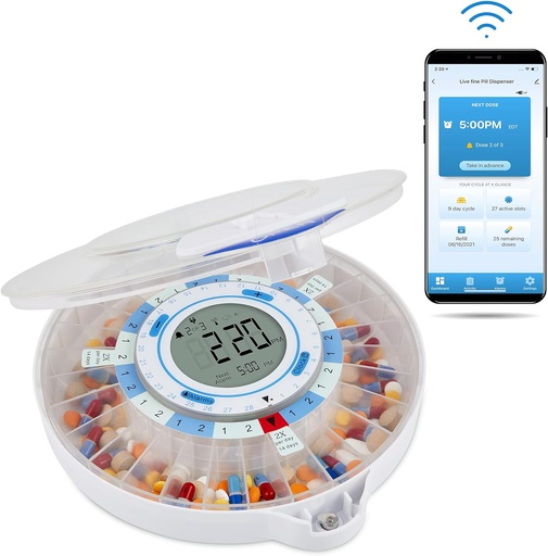 [BRSW2FQEAUNWY3DJ] Live Fine Smart WiFi Automatic Pill Dispenser, 124; 28-Day Medication Organizer Sampai dengan 9 Doses Per Day untuk Care Monitoring dengan Locking Key, Adjucable Light / Sound Alarm for Prescriptions & Vitamins