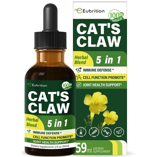 [BRSREZIYBMHBAGY4] Cat's Claw herb (Uña de Gato) Immune Support Liquid Drops, 5-in-1 Herbal Supplement with Echinacea & Elderberry Extract, Alcohol Free Tincture for Immunity Boost, Joint & Bone Health. 2 oz