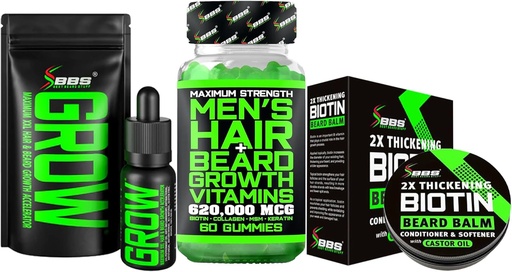 [BRSRAYL4DEJWKH35] Beard Growth Kit w/ 2X Thickening Biotin Beard Balm for Men & Mustache Wax + Grow Mustache Serum & Facial Hair Oil + 14-in-1 Biotin Gummies & Hair Growth Vitamins for Men - Formulated in America