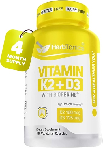 [BRSWGEIPBANBQETG] Immune System Support Vitamin K2 (MK7) with D3 5000 Iu Supplement + Bioperine (Black Pepper) | Strong Bones & Heart Health | K2 D3 Complex | Easy to Swallow 120 Veg Capsules