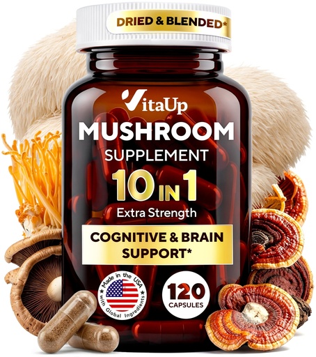 [BRSROFD3CF6RQ2T3] VitaUp Mushroom Supplement - USA Made Mushroom Complex - Mushroom Capsules with Lions Mane, Cordyceps, Turkey Tail, Reishi, Shiitake for Cognitive & Immune Support - 120 Count