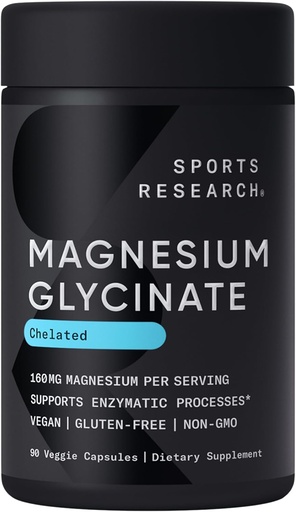 [BRSRAYI7CMBQAFDH] Sports Research® Magnesium Glycinate - Supports Restful Sleep & Enzymatic Processes - 160 mg Chelated Magnesium - Vegan Capsule - 90 Count