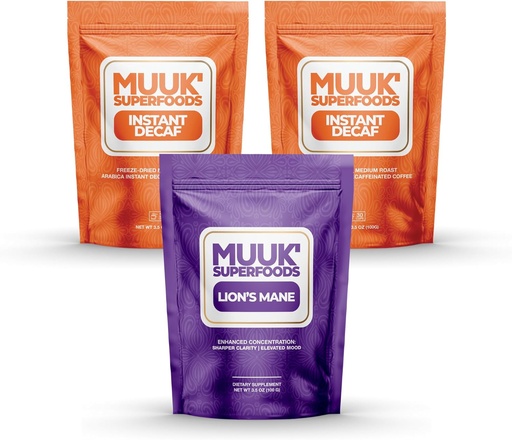 [BRSRAGI7BBYBEGQZ] MUUK' SUPERFOODS | Decaf Mushroom Coffee Bundle | 60 Servings of Lion's Mane Mushroom Powder Plus 60 Cups of Decaffeinated Instant Coffee