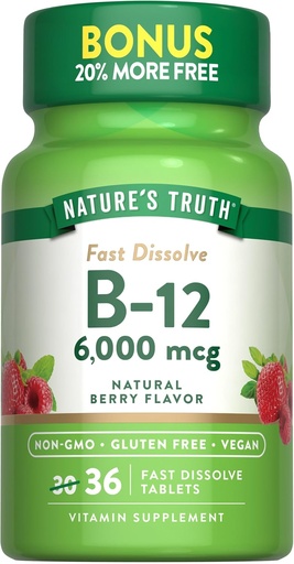 [BRSWKFL5AR7GMGDC] Nature's Truth B12 Vitamiin 6000 mcg | metüülkobalamiin | 36 tabletti | Fast Dissolve Natural Berry Flavor | Vegan, Non-GMO & Gluten Free