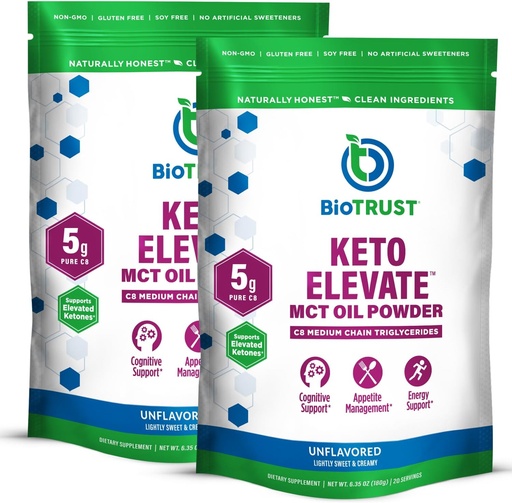 [BRSROBQYO4NGAHYU] BioTrust Keto Elevate – C8 MCT Oil Powder – Ketogenic MCT Coffee Creamer, Keto Coffee Creamer – Clean Energy, Mental Focus & Clarity – 100% kaprüülhappe MCT pulber, Non-GMO (maitsestamata, 40 Servings)