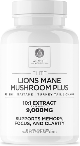 [BRSROFIDAAOQYADU] DR. EMIL NUTRITION 9000mg Organic Lions Mane Supplement Capsules with Chaga, Reishi & Maitake - Natural Mushroom Blend for Wellness Support