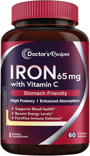 [BRSWYAD7PN5GM3L4] Lääkärin reseptit Iron Supplement 65 mg kanssa C-vitamiini - Maksimoitu imeytyminen, vatsan Friendly & High Potency Rauta pillereitä Red Blood Cells Formation & Immuniteetti Terveys - Vegan ei-GMO 60 rautatablettia