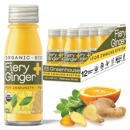 [BRSW2ZL6CIMAGGY4] Greenhouse Juice Organic Fiery Ginger & Turmeric Wellness Shot, Anti-Inflammatory, Immune Support, Vegan & Gluten-Free, 12-Count 60ml Glass Bottles