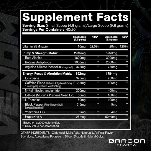 [BRSROGQKAEBWCCDO] DRAGON PHARMA Venom Extreme potencial Pre-Workout, Laser Sharp Focus + enerģija, Intensīva veiktspēja, pierādītas sastāvdaļas pastiprinātai vazodilatācija un izturība (40 Kalpojumi, American Juice)