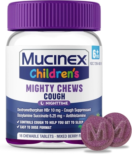 [BRSRAYIDOUDR4CIZ] Mucinex Kinder-Mighty Chews Nighttime Kids Cough Medicine, leicht zu tun Cough Suppressant mit Dextromethorphan, Kinder Reisemedizin für Husten, gemischte Berry Flavor, 16 Medikamente Chewable Tablets