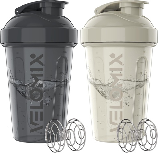 [BRSRAGQNO4IQG3DG] VELOMIX -2 Pack- 20 oz Protein Shaker Bottles for Protein Mixes - 2x Wire Whisk | Leak Proof Shaker Cups for Protein Shakes and Pre Workout | Protein Shaker Bottle Pack (Gray/White)