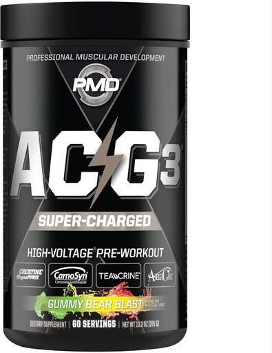 [BRSWGEA6CBYAOAA2] PMD Sport ACG3 Supercharged - Pre Workout - Kraftig styrke, høy energi, maksimal mental fokus, utholdenhet og optimal treningsytelse for menn og kvinner - Gummy Bear Blast (60 serveringer)