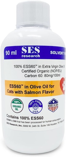 [BRSWYCYEB55WKHLF] SES Research C60 for Pets in Organic Extra Virgin Olive Oil with Salmon Flavor - Pets Food Supplement - Antioxidant Supplement - Solvent Free - Immunity Booster - Boosts Energy & Mood - Focus - 90ML