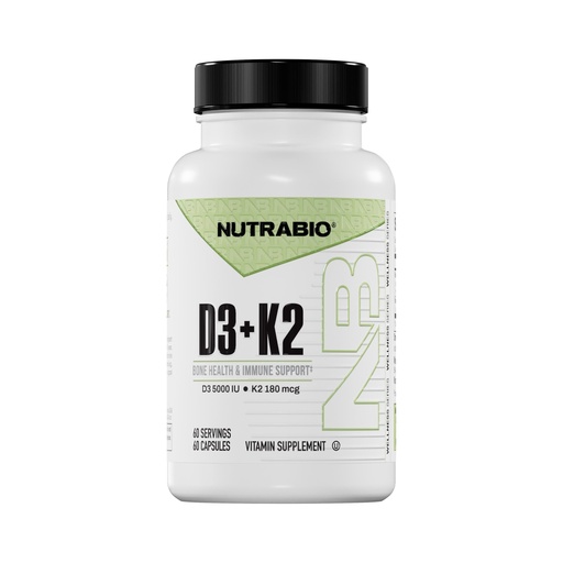 [BRSW2HQECAGWADTK] NutraBio Vitamin D3 K2 | 5000 IU D3 as Cholecalciferol with Vitamin K2 as MENA-Q MK7 (180mcg) | Support Bone and Heart Health | Non-GMO, Gluten Free, Lactose Free | 60 Vegetable Capsules