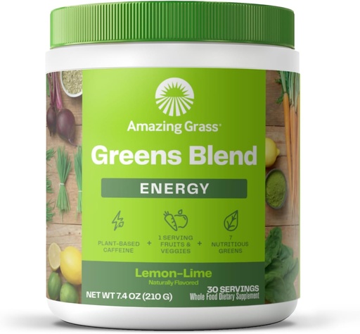 [BRSWIYI5BEGAMC3K] Amazing Grass Greens Blend Energy: Smoothie Mix, Super Greens прах и растителна основа Кофеин с Мача зелен чай и цвекло Root прах, лимонова вар, 30 Сервиране (опаковка май Вари)