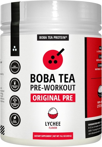 [BRSRAZIYBYFQA3T3] Boba Tea Pre-Workout Powder | Lychee Flavor | 125-250mg Koffein | L-Citrulline, Beta Alanine, Alpha-GPC | Real Ingredients | Premium Pre Workout Powder för män och kvinnor | 20-40 portioner