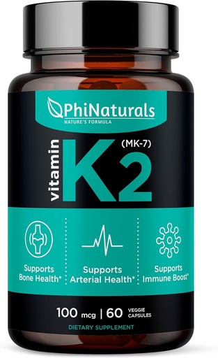 [BRSWKGIQOUBGOFLY] PhiNaturals ויטמין K2 Mk7 100 mcg טבעוני 60 קפסולות בריאות העצם הלב Cardiovascular Arteries - VIT k-2 MK 7 100mcg תוספת של Nattoto