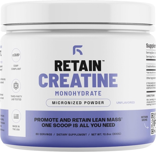 [BRSROFAQCR6QGYDO] RETAIN Creatine Monohydrate Powder (60 Serv) - 100% Micronized High Absorption Creatine Monohydrate, Lean Muscle Mass & Recovery