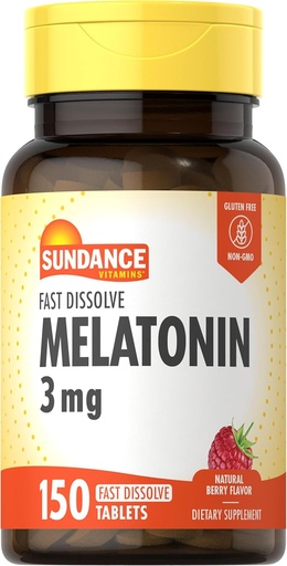 [BRSROHA2OAIBUG3X] Sundance Melatonin Fast Dissolve | 3mg | 150 Fast Dissolve Tablets | Natural Berry Flavor | Vegetarian, Non-GMO, and Gluten Free Supplement
