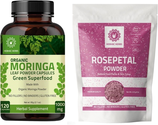 [BRSROEARO4PQ2HTX] Luomu Moringa kapselit 120 kapselia 1000 mg ja Rose Petal jauhe 227g Rose Petal Flower Powder 8 oz