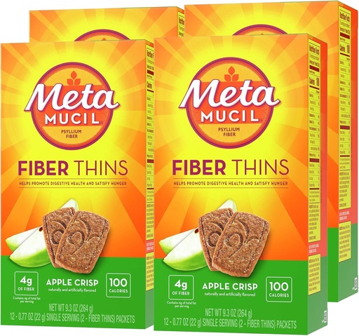 [BRSWKEA2OZ5RGALI] Metamucil, Fiber Thins, Daily Psyllium Husk Fiber Supplement, Supports Digestive Health and Satisfies Hunger, Apple Crisp Flavor, 48 Total Servings (4 Packs of 12)