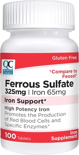 [BRSRMGT7BABGGG3D] Opciones de calidad Hierro 65 mg (325 mg Sulfato ferroso) Suplemento de apoyo de hierro de alta potencia Tablas de apoyo en 100 Botellas de cuenta