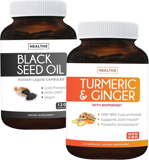 [BRSRO2T4OF6RMYLB] Bundle of Turmeric & Ginger & Black Seed Oil - Golden Harmony Blend - Turmeric & Ginger with 95% Curcuminoids & Bioperine (90 Capsules) & Black Seed Oil (Non-GMO) 100% Cold-Pressed Cumin Seed Oil