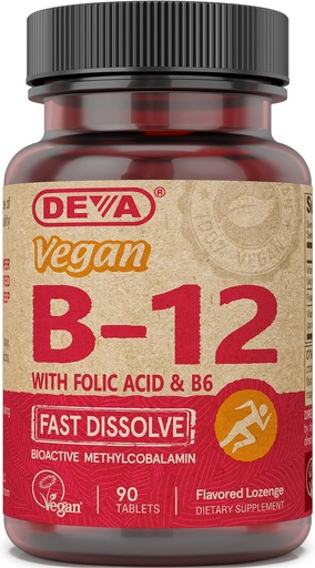 [BRSWKEY5CMFRC33I] DEVA Vegan Vitamin B12 Fast Dissolve Supplement - Once-Per-Day Complex with 1000 Mcg Methylcobalamin B12, Folic Acid, B6 - Lemon Flavor - 90 Dissolvable Tablets,