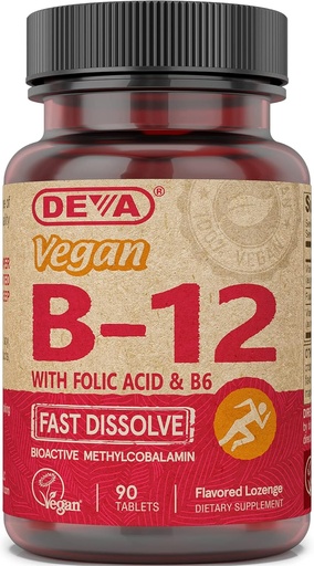 [BRSWKEY5CMFRC33I] DEVA Vegan Witamina B12 Szybko rozpuszczalny Suplement - Once- Per- Day Complex z 1000 Mcg Methylcobalamina B12, Kwas foliowy, B6 - Lemon Flavor - 90 Rozpuszczalne tabletki,