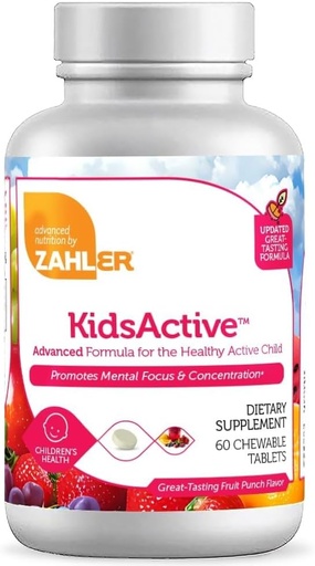 [BRSWKZANC4JRSDT2] Zahler KidsActive, Kids Chewable Concentration Formula, All Natural Children’s Supplement Supporting Focus, Kosher certificado, 180 Fruit Punch Flavored Tablets