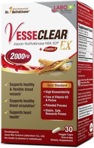 [BRSWGFTQAB5B4HQ6] LABO Nutrition VesseCLEAR EX: Nattokinase NSK-SD+Elastin F for Clean &amp; Flexible Blood Vessel. La mayoría de la investigación de Japón Provenida, Dose funcional, Acid-Resistant/Delayed Release Capsules