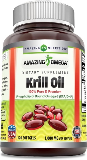 [BRSWKHYQAYAB4GQV] Amazing Omega Krill Oil with Omega 3s EPA, DHA, Phospholipids and Astaxanthin 1000 Mg per Serving 120 softgels Supplement | Non-GMO | Gluten Free