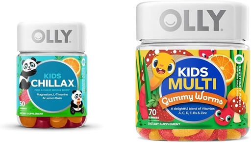 [BRSROCYOAR6R43QY] OLLY Kids Chillax, Magnesium Gummys Plus L-Theanine, Lemon Balm, Sherbet Flavor - 50 Counter & Kids 多维塔明 Gummy Worms, 总体健康和免疫支持,维生素和矿物 A, C, D