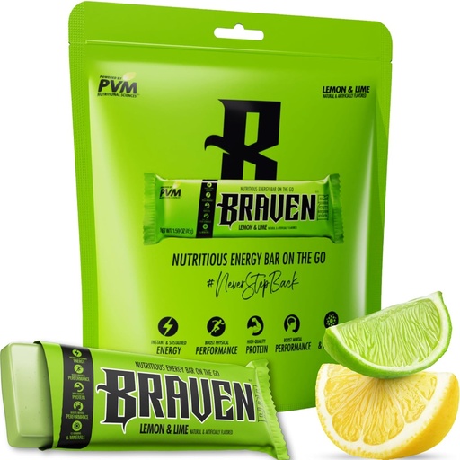 [BRSROFIRA4FAMYD3] Braven Bar Lemon Lime Energy Bars (1.59 oz, Pack of 10) – Energy Chews with 5g Protein – On-the-Go Energy Snacks for Running, Hiking, and Sports - Gluten Free Snacks for Sustained Energy Boost