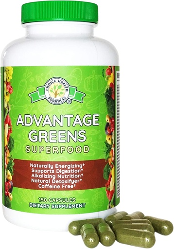 [BRSWYFIKDN7QGGTV] Advantage Greens Superfood - Energy Promoter - Wheat Grass, Barley Grass, Spirulina, Spinach, Chlorella, Beets, Kale Supplement (150 Cap)