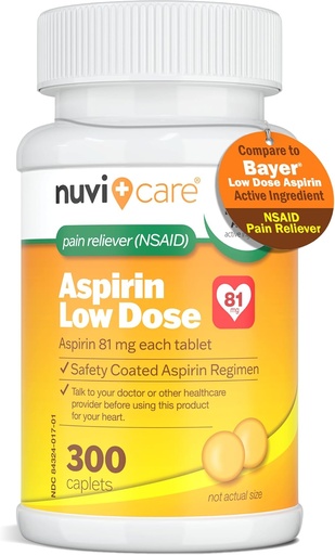 [BRSRAEI6PJYR6CAZ] Aspirine à faible dose 81mg pour les adultes Caplets enrobés - Comparer à l'ingrédient actif dans l'aspirine à faible dose Bayer pour les adultes - Coté de sécurité (300 Nombre)