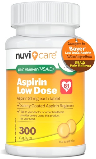 [BRSRAEI6PJYR6CAZ] NUVICARE Low Dose Aspirin 81mg for Adults Coated Caplets - Compare to Active Ingredient in Low Dose Bayer Aspirin for Adults - Safety Coated (300 Count)