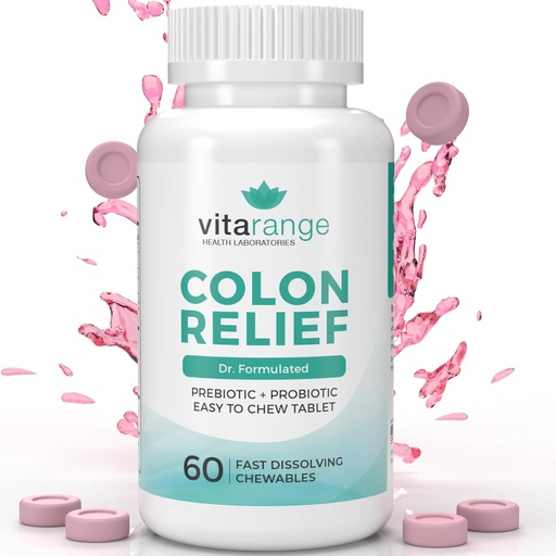 [BRSROFQHOAHGY2A6] Colon Relief by VitaRange- Γρήγορη δυσκοιλιότητα και Bloating Relief with Sunfiber Prebiotic Fiber and Pre + Probiotics for Digestive Health - 60 Chewable Strawberry Tablets – Doctor Formulated Probiotics