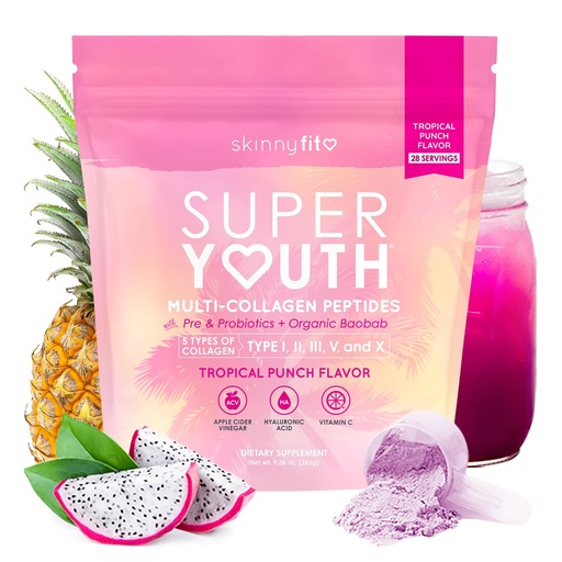 [BRSROBAKBEIRMCDU] SkinnyFit - Super Youth Collagen for Women - Multi Collagen Peptides Powder - Probiotics, Fiber, Hyaluronic Acid - Non GMO, Gluten Free, Sugar Free - Beauty & Self Care - Tropical Punch (28 Servings)