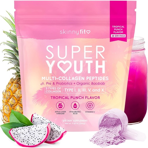 [BRSROBAKBEIRMCDU] SkinnyFit - Super Youth Collagen for Women - Multi Collagen Peptides Powder - Probiotics, Fiber, Hyaluronic Acid - Non GMO, Gluten Free, Sugar Free - Beauty & Self Care - Tropical Punch (28 Servings)