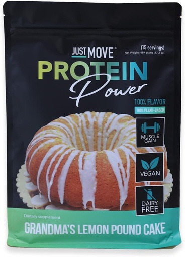 [BRSRABQCOYARO337] Just Move Protien - Grandma's Lemon Pound Cake - Vegan (Plant Based), Organic, Dairy Free, Soy Free, Gluten Free, Keto, Peanut Free, 20g Protein, Low Carb, Non GMO (17.2 Oz)