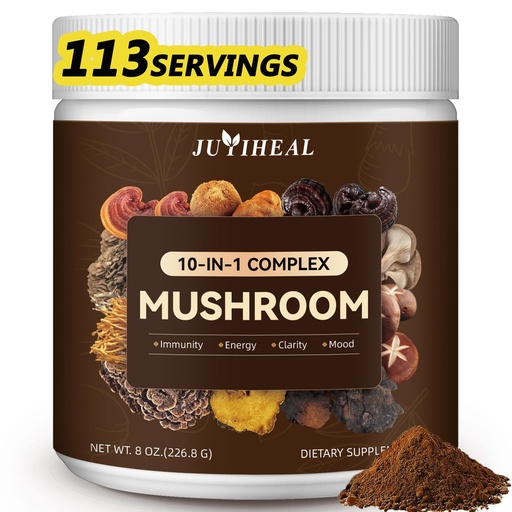 [BRSRAHA2CIDR4337] 10-in-1 Mushroom Powder, 2000MG Mushroom Complex - Lions Mane, Reishi, Shiitake, Chaga, Turkey Tail, Cordyceps, Maitake & More, Mushroom Blend Powder for Energy, Memory, Focus, 8oz