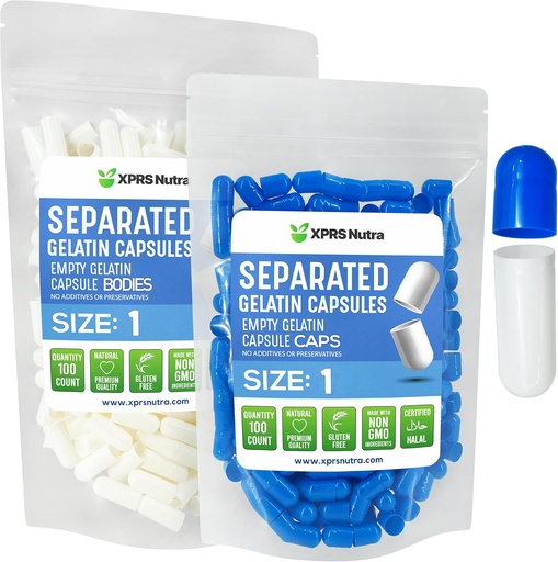 [BRSROFATCEGRYC3H] XPRS Nutra Size 1 Gelatin Separated Capsules - 100 Count Empty Pill Capsules Separated in Bags - Empty Pills for DIY Supplement Filling (Blue/White)