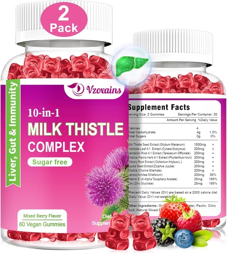 [BRSROEINAENBGG3O] Milk Thistle Gummies, 10 in 1 Herbal Formula for Liver Cleanse Detox Repair with Dandelion Root, Turmeric, Artichoke Optimal Liver Function and Digestive Health Mixed Berry Flavor