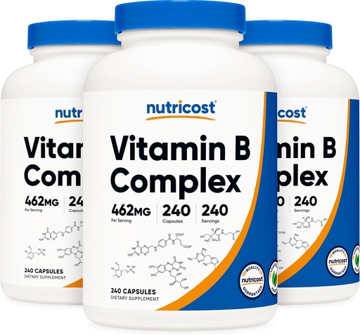 [BRSWKGYHCEHQEAY5] Nutricost magas potencia B-vitamin Komplex 462mg, 240 kapszula (3 üveg) - C-vitaminnal