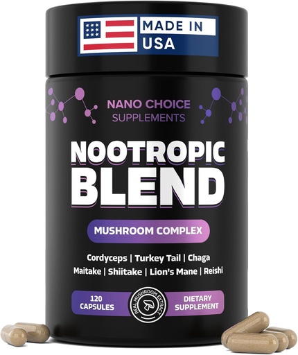 [BRSROBQ3DIFGOYAU] Nano Choice Nootropic Blend - Mushroom Complex Supplement for Brain, Focus, Productivity & Immune Support | Non-GMO, Vegan, Made in USA | 120 Capsules