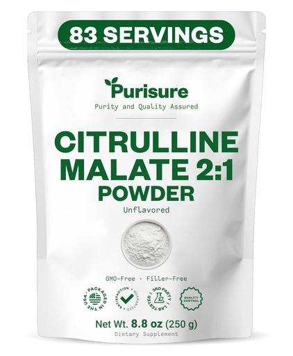 [BRSWIHAGDEHGGGT6] Purisure L-Citrulline Powder 250g, Premium Citrulline 2:1 Malate Supplement for Strength Performance and Energy, Pre-Workout Citrulline Malate Powder - Enhance Muscle Pumps and Recovery - 83 Servings