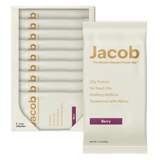[BRSRAGQ5OQDWGDTG] Jacob Bar, Protein Bars, Mixed Berry (9 Bars Total) - 20g Grass-Fed Protein, No Seed Oils, Nothing Artificial